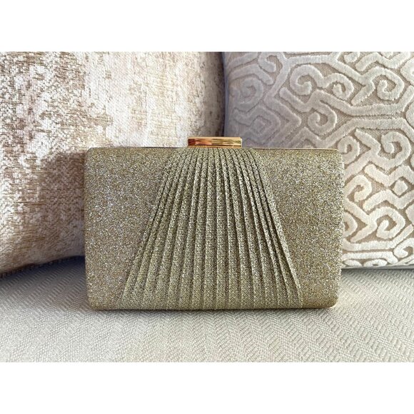 Gold Shimmer Pleated Front Clutch, Champagne Clutch Bag, Fancy Evening Bag - Picture 7 of 9